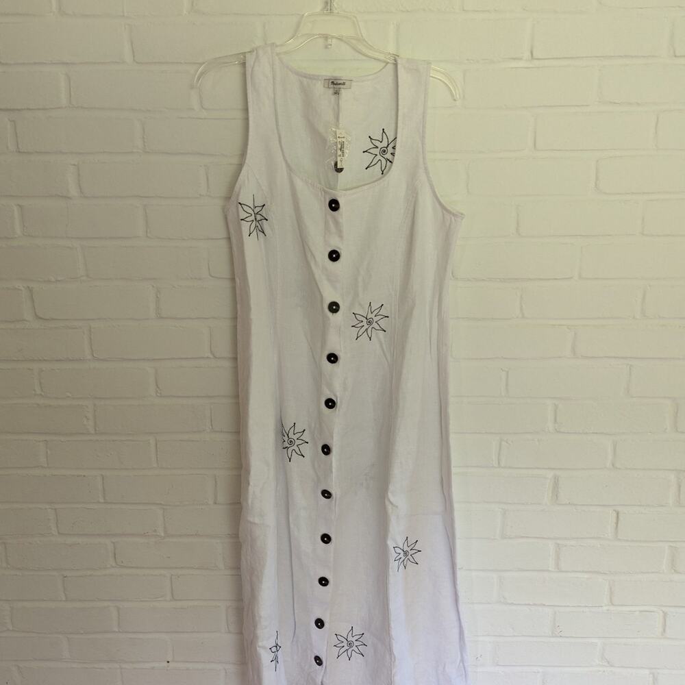 NWT Women's Size 12  White Linen Madewell Dress with Black Embroidered Flowers
